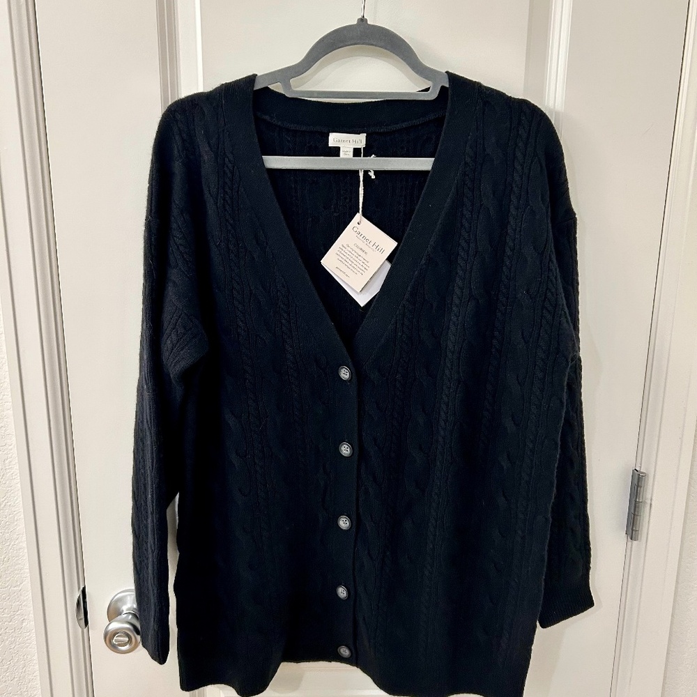 Garnet Hill NWT Cashmere Cable Knit Sweater Black Small Oversize Grandpa